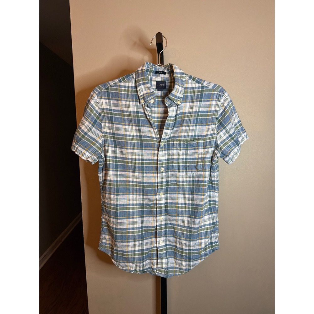 J.Crew Mens Slim Fit Linen Cotton Plaid Short Sleeve Button Down Shirt Small